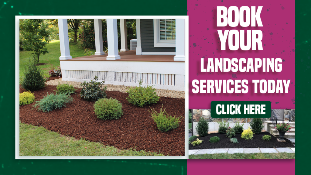 Landscaping service ad with mulched garden bed and porch.